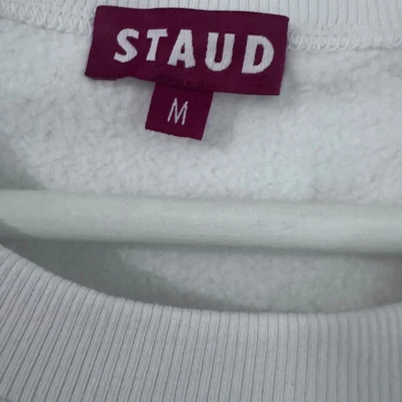 NWOT STAUD Crudités Slogan White Sweatshirt with Blue Print and Pin. - Picture 6 of 7